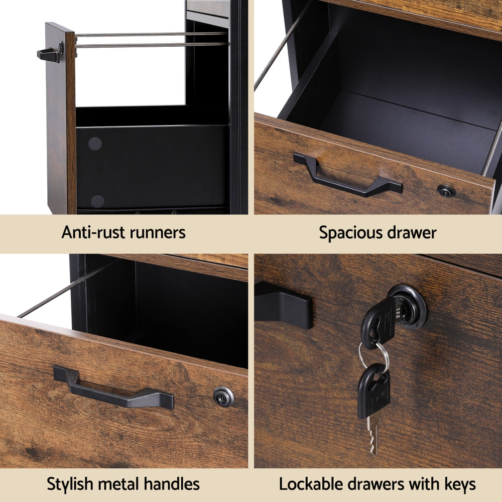 Artiss Filing Cabinet File Cabinet with Wheels 2 Drawer Storage Rustic Brown - Image 7