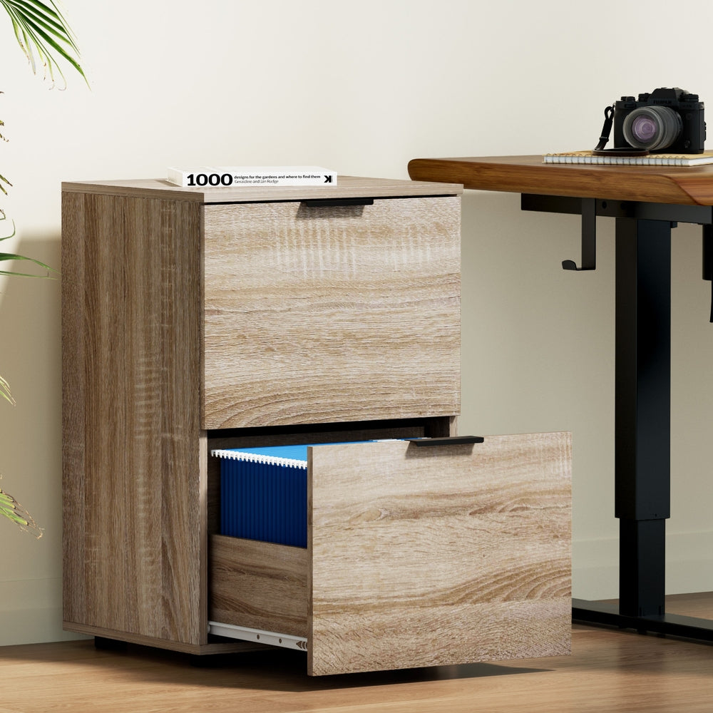 Artiss Filing Cabinet Files Storage Office Shelves File Organiser Oak 2 Drawer - Image 7