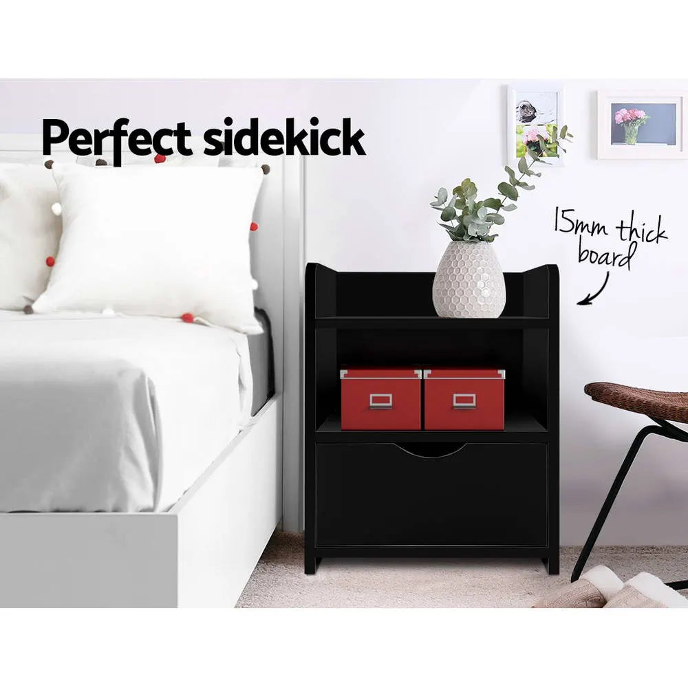 Artiss Bedside Table 1 Drawer with Shelf - FARA Black - Image 3