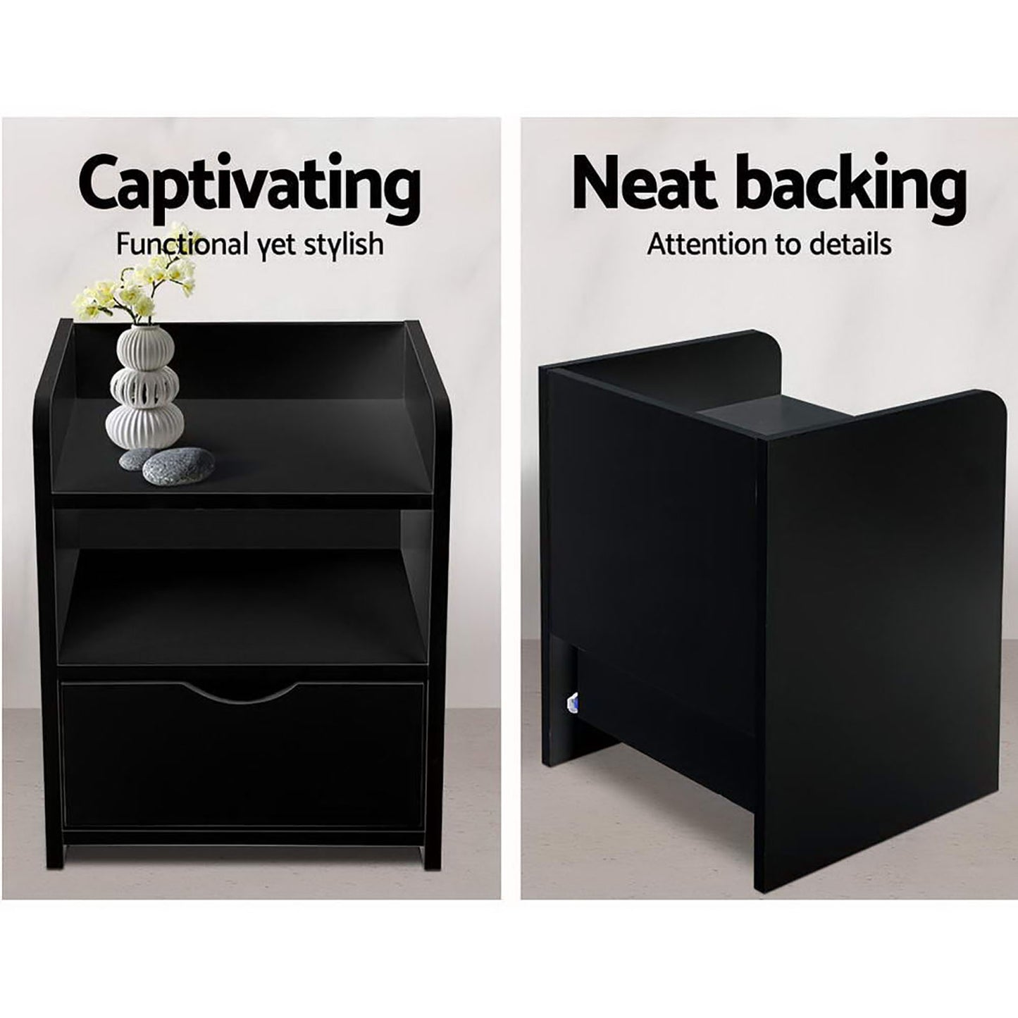 Artiss 2X Bedside Table 1 Drawer with Shelf - FARA Black - Image 4