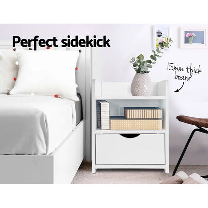 Artiss Bedside Table 1 Drawer with Shelf - FARA White - Image 3