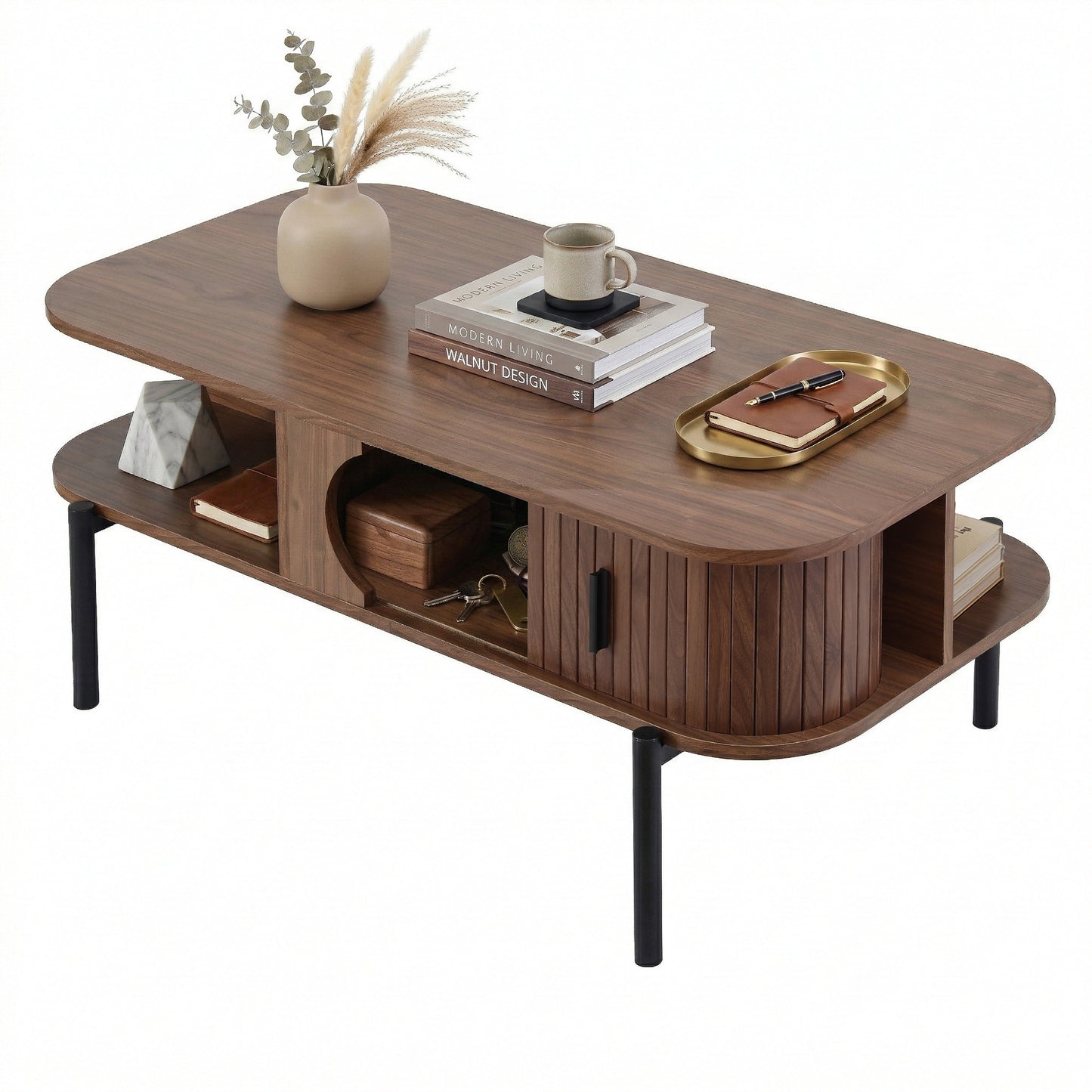 Artiss Coffee Table Living Room Center Table Shelf Cabinet Walnut - Image 8