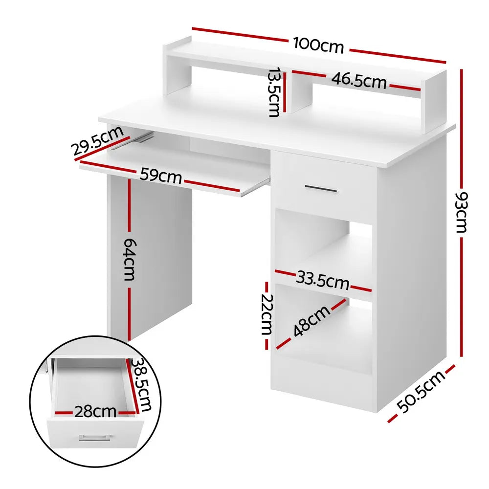 Artiss Computer Desk Shelf Drawer Cabinet White 100CM - Image 2