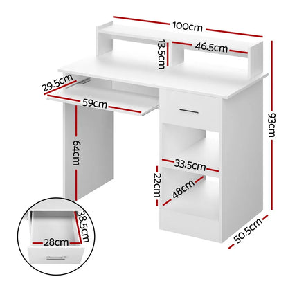 Artiss Computer Desk Shelf Drawer Cabinet White 100CM - Image 2