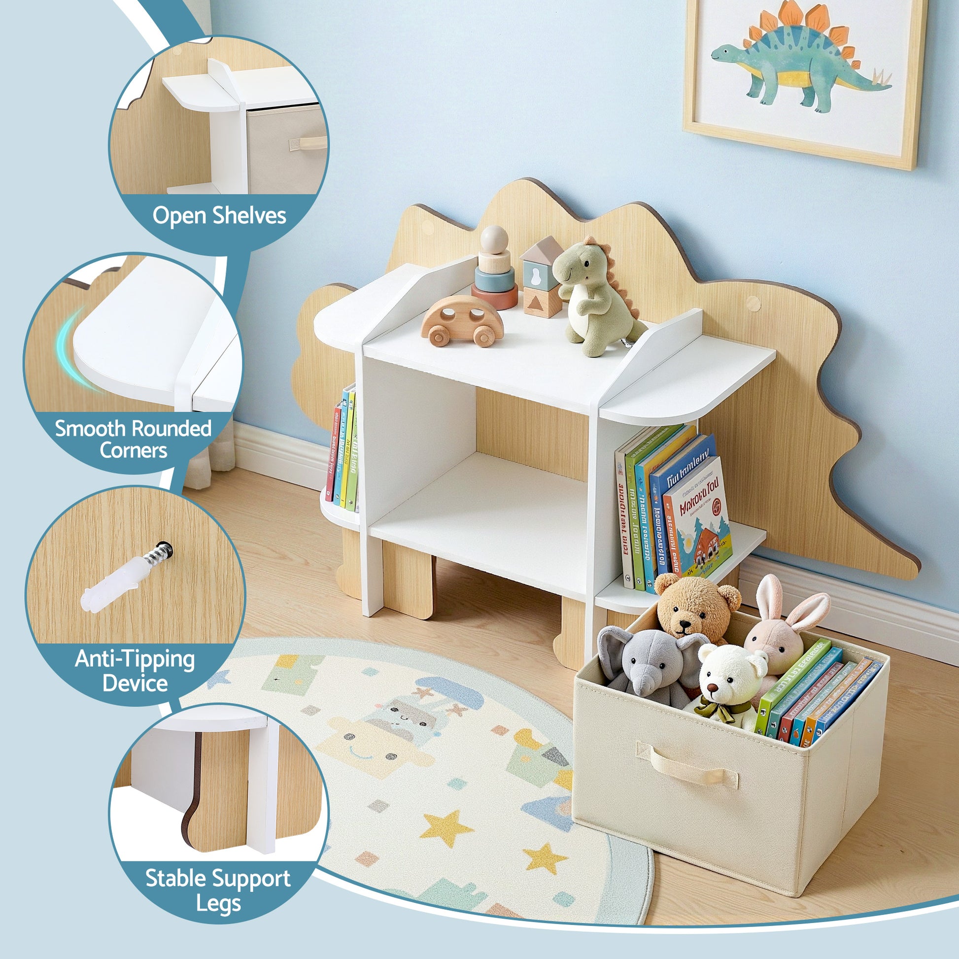 Keezi Dinosaur Kids Bookshelf 2-Tier Children's Bookcase Wooden with with Fabric Drawer, Toddler Bookshelf Toy Storage Organizer for Preschool, Kids Room, Playroom, Nursery - Image 7