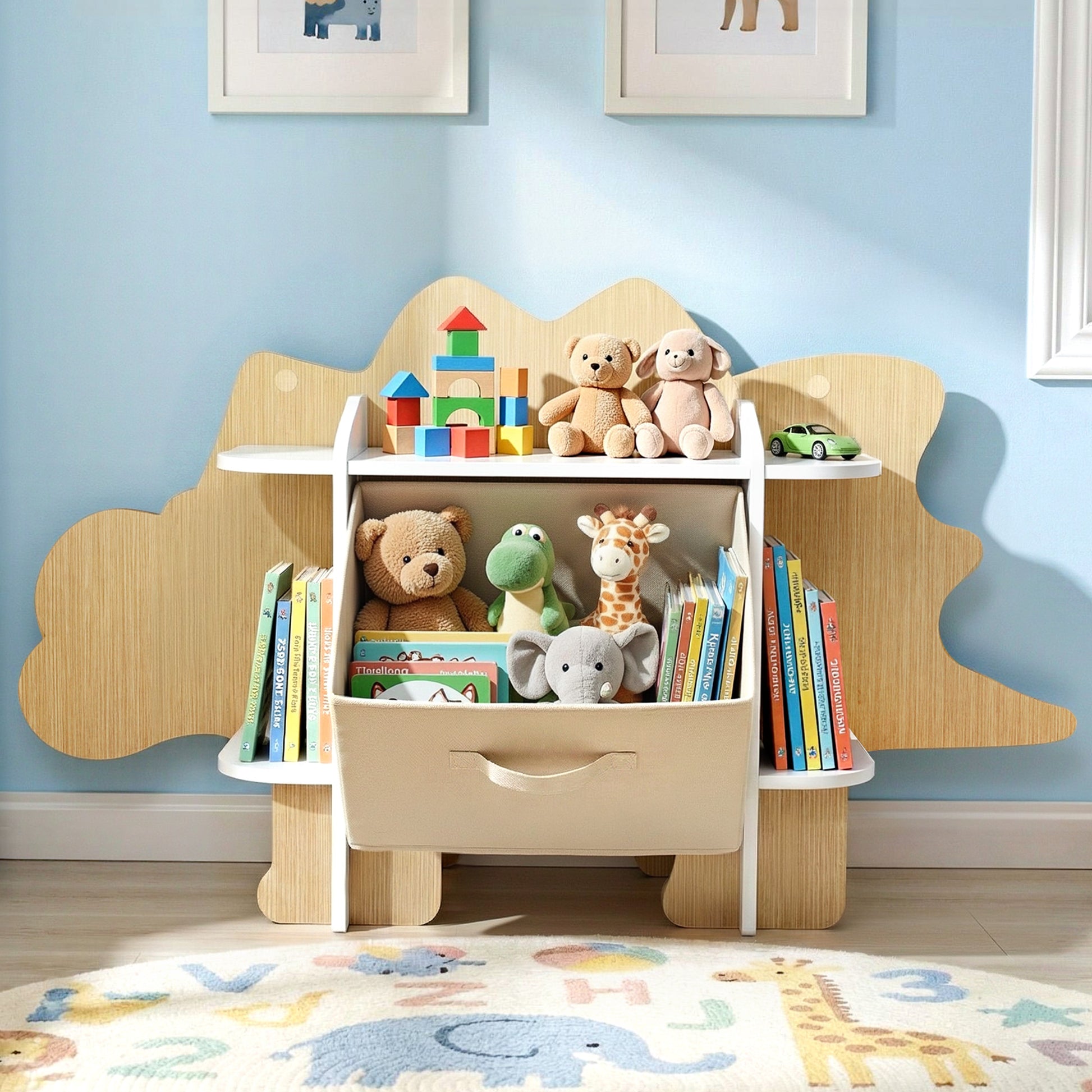 Keezi Dinosaur Kids Bookshelf 2-Tier Children's Bookcase Wooden with with Fabric Drawer, Toddler Bookshelf Toy Storage Organizer for Preschool, Kids Room, Playroom, Nursery - Image 9