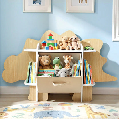 Keezi Dinosaur Kids Bookshelf 2-Tier Children's Bookcase Wooden with with Fabric Drawer, Toddler Bookshelf Toy Storage Organizer for Preschool, Kids Room, Playroom, Nursery - Image 9