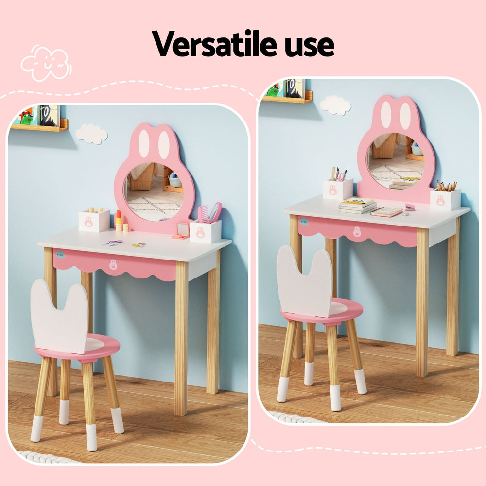 1 Set of Keezi Kids Dressing Table Wooden Bunny Pink - Image 4