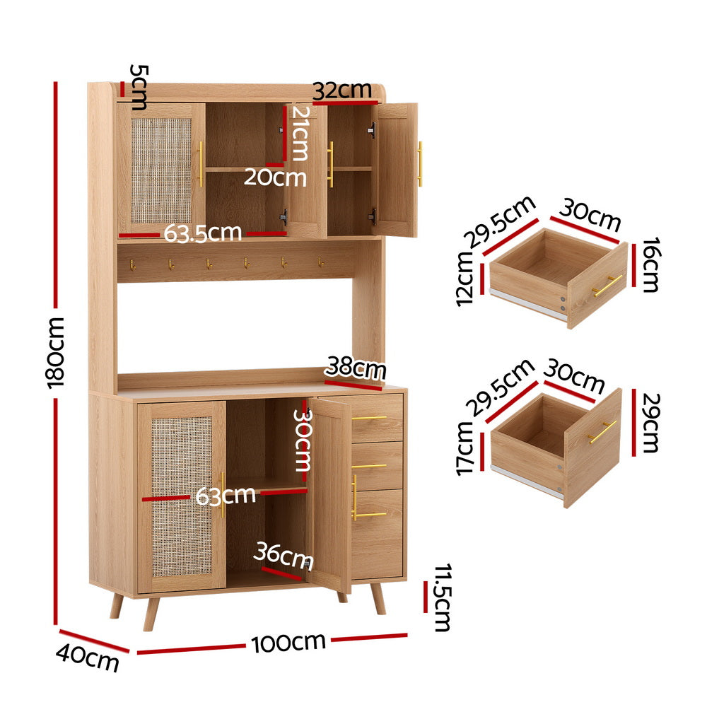 Artiss Buffet Sideboard Hutch Storage Cabinet Kitchen Cupboard Hooks Rattan Pine - Image 3