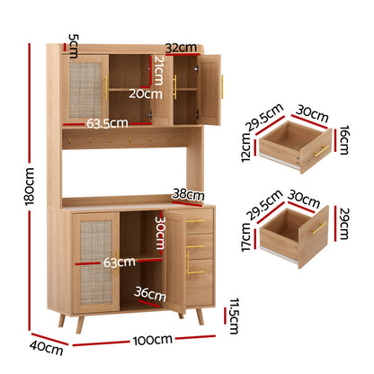 Artiss Buffet Sideboard Hutch Storage Cabinet Kitchen Cupboard Hooks Rattan Pine - Image 3
