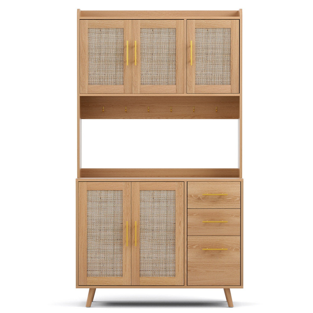 Artiss Buffet Sideboard Hutch Storage Cabinet Kitchen Cupboard Hooks Rattan Pine - Image 4