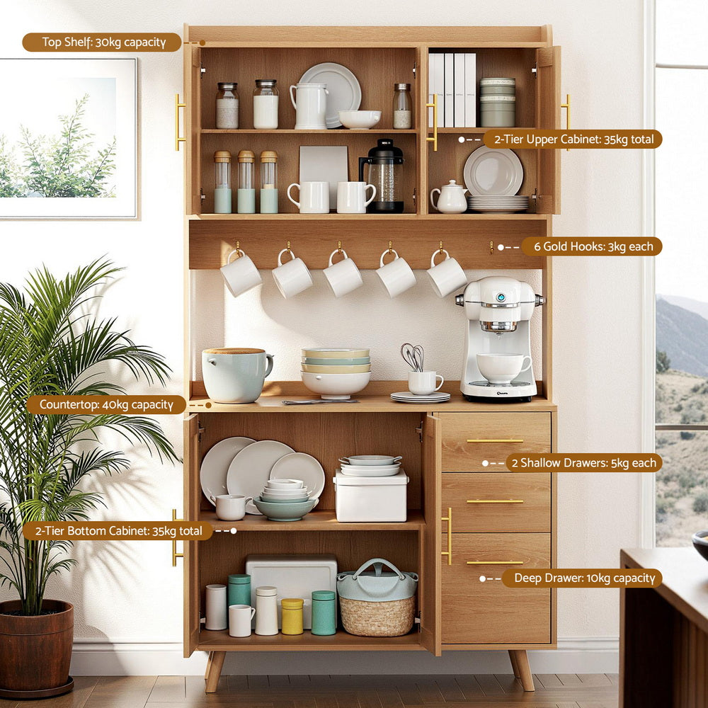 Artiss Buffet Sideboard Hutch Storage Cabinet Kitchen Cupboard Hooks Rattan Pine - Image 5