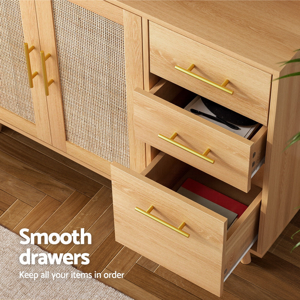 Artiss Buffet Sideboard Hutch Storage Cabinet Kitchen Cupboard Hooks Rattan Pine - Image 7