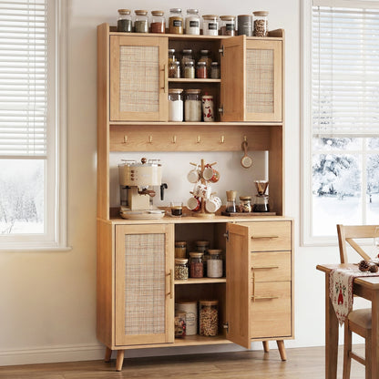 Artiss Buffet Sideboard Hutch Storage Cabinet Kitchen Cupboard Hooks Rattan Pine - Image 8
