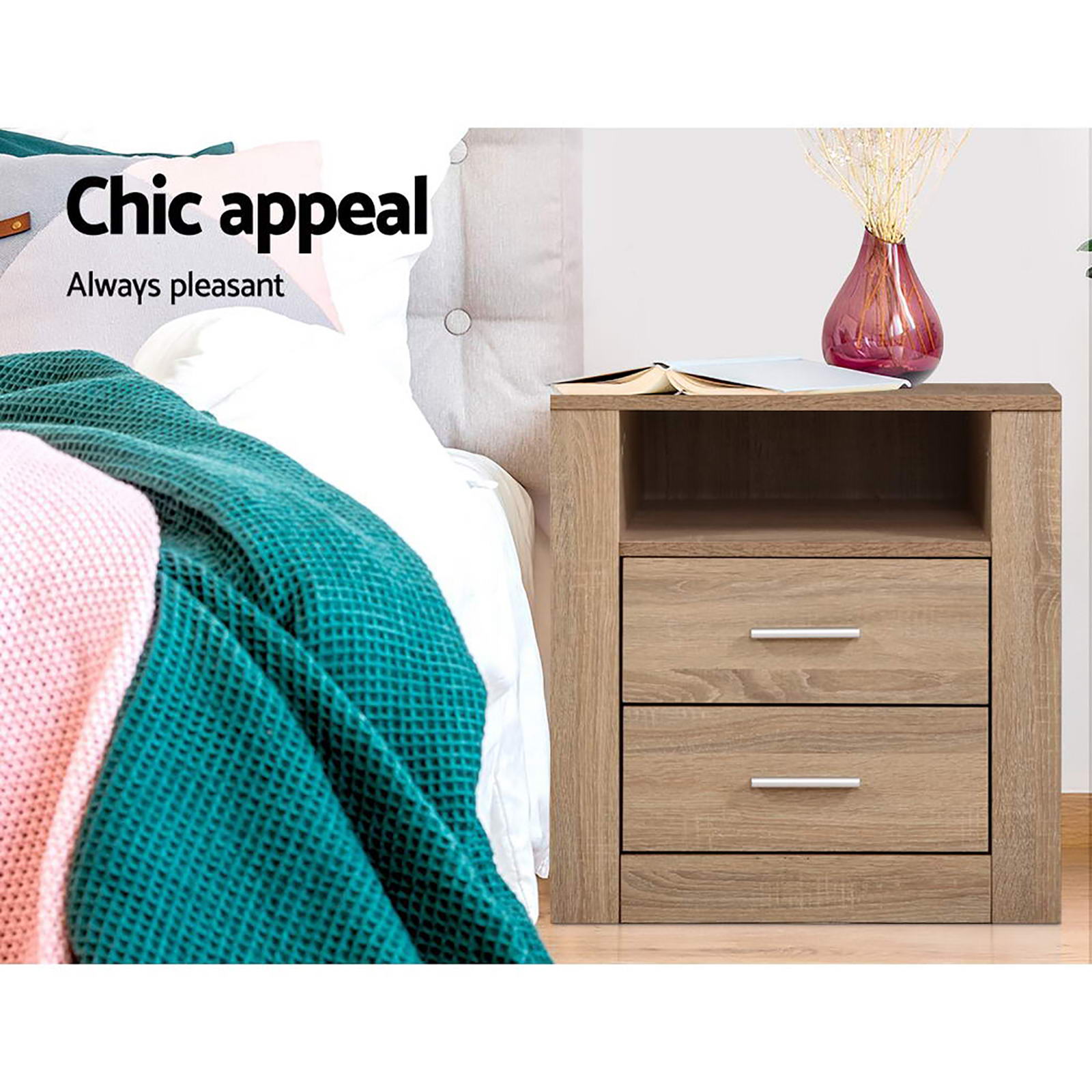 Artiss 2X Bedside Table 2 Drawers with Shelf - TARA Oak - Image 3