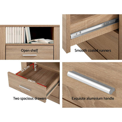 Artiss 2X Bedside Table 2 Drawers with Shelf - TARA Oak - Image 4