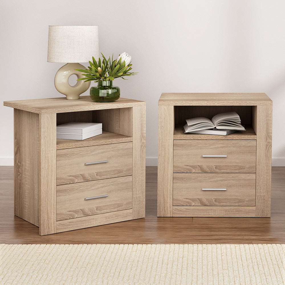 Artiss 2X Bedside Table 2 Drawers with Shelf - TARA Oak - Image 7