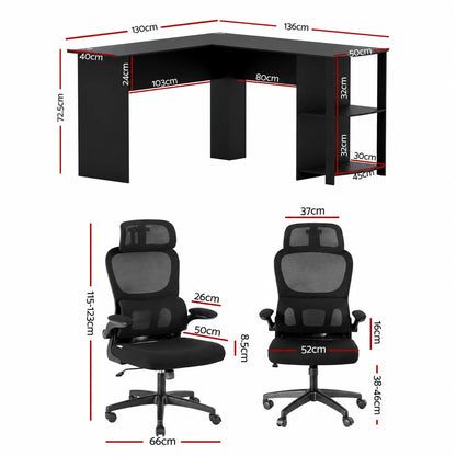 Artiss Office Desk and Chair Set L Shaped Computer Desk 136cm with 2 Tier Storage Shelves, Ergonomic Mesh Office Chair with Adjustable Headrest, Flip-Up Armrests & Lumbar Support - Image 2