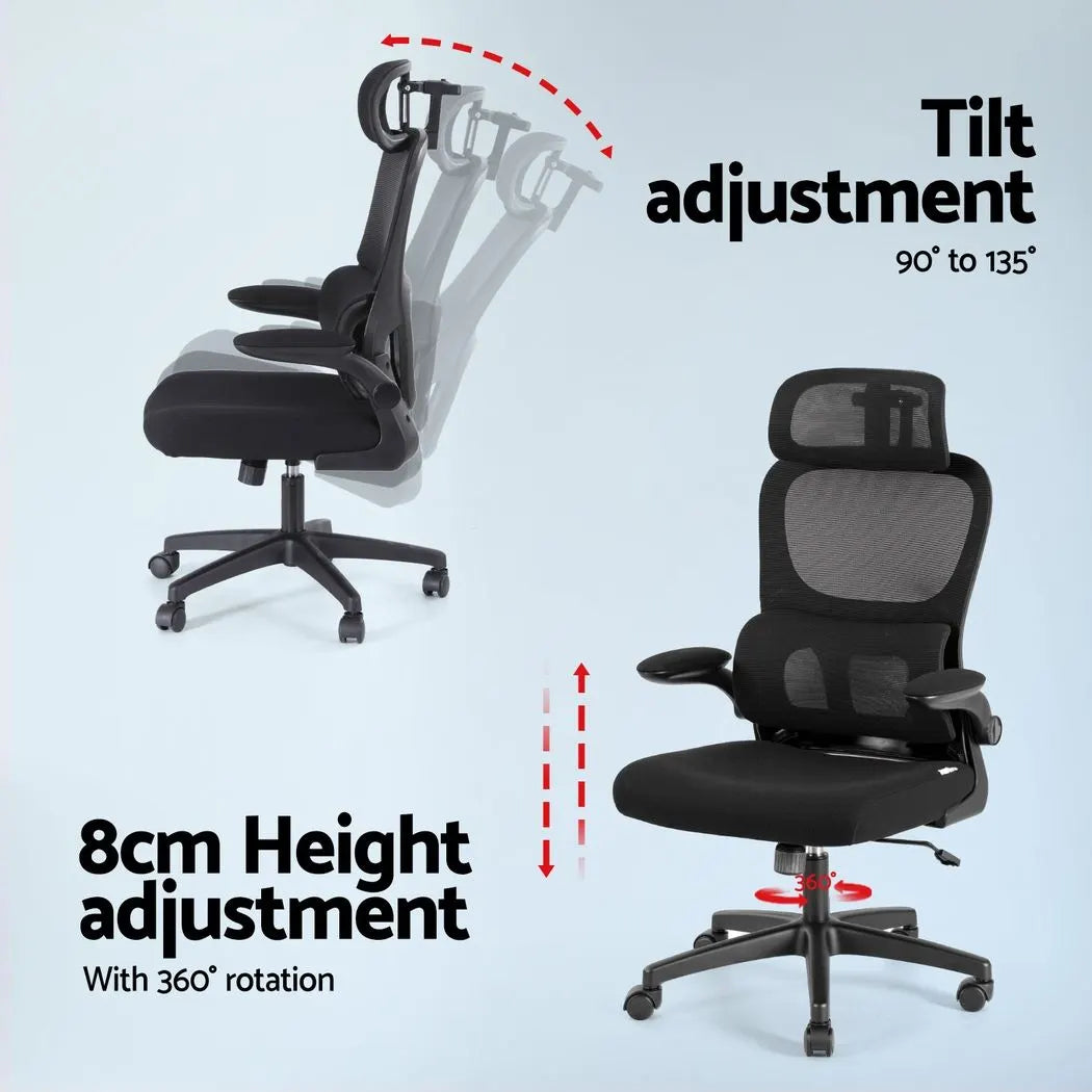 Artiss Office Desk and Chair Set L Shaped Computer Desk 136cm with 2 Tier Storage Shelves, Ergonomic Mesh Office Chair with Adjustable Headrest, Flip-Up Armrests & Lumbar Support - Image 4
