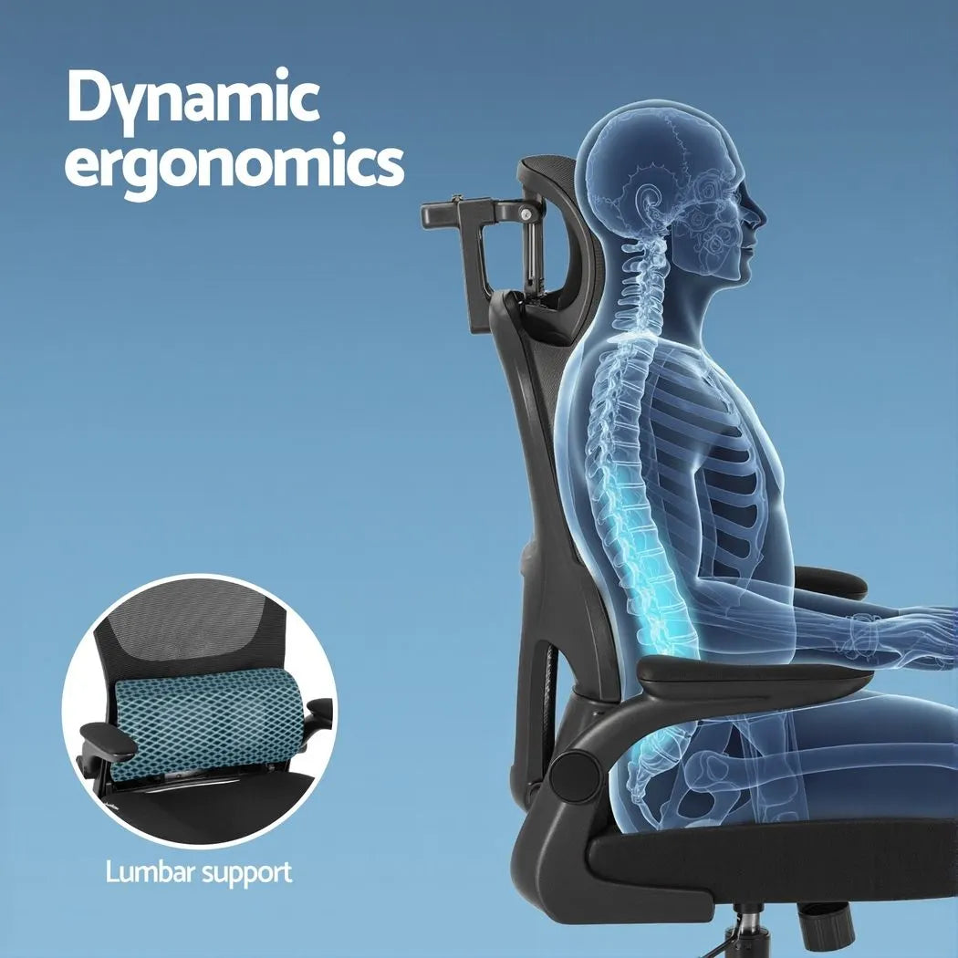 Artiss Office Desk and Chair Set L Shaped Computer Desk 136cm with 2 Tier Storage Shelves, Ergonomic Mesh Office Chair with Adjustable Headrest, Flip-Up Armrests & Lumbar Support - Image 7