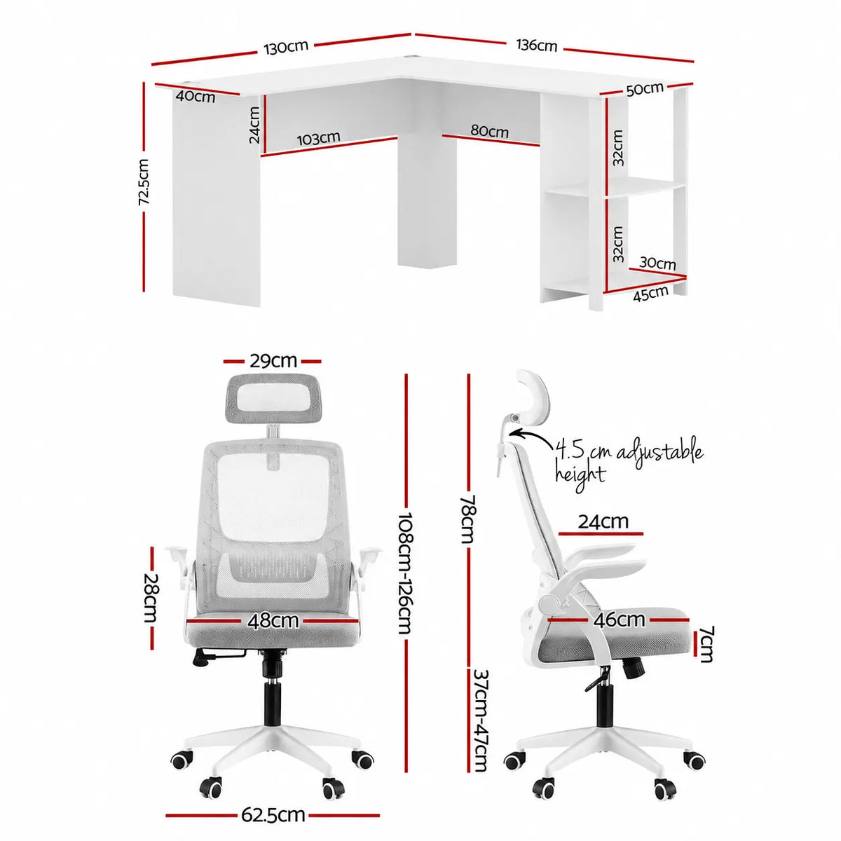 Artiss Home Office Desk and Chair Set, 136cm L Shaped Computer Desk with Shelves & Cable Management, Ergonomic Mesh Office Chair with Adjustable Headrest, Flip-Up Armrests - Image 2