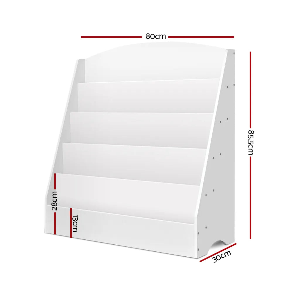 Keezi 5 Tiers Kids Bookshelf Magazine Shelf Organiser Bookcase Display Rack White - Image 4