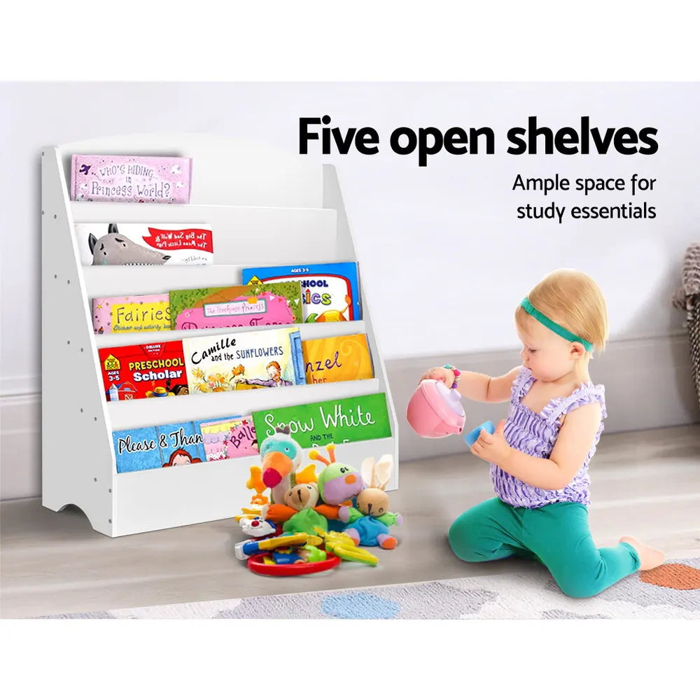 Keezi 5 Tiers Kids Bookshelf Magazine Shelf Organiser Bookcase Display Rack White - Image 6