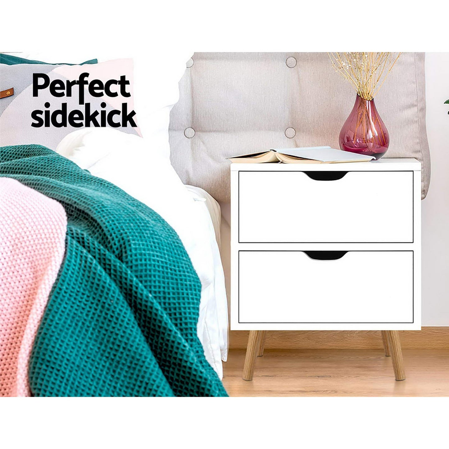 Artiss 2X Bedside Table 2 Drawers - BODEN White - Image 3