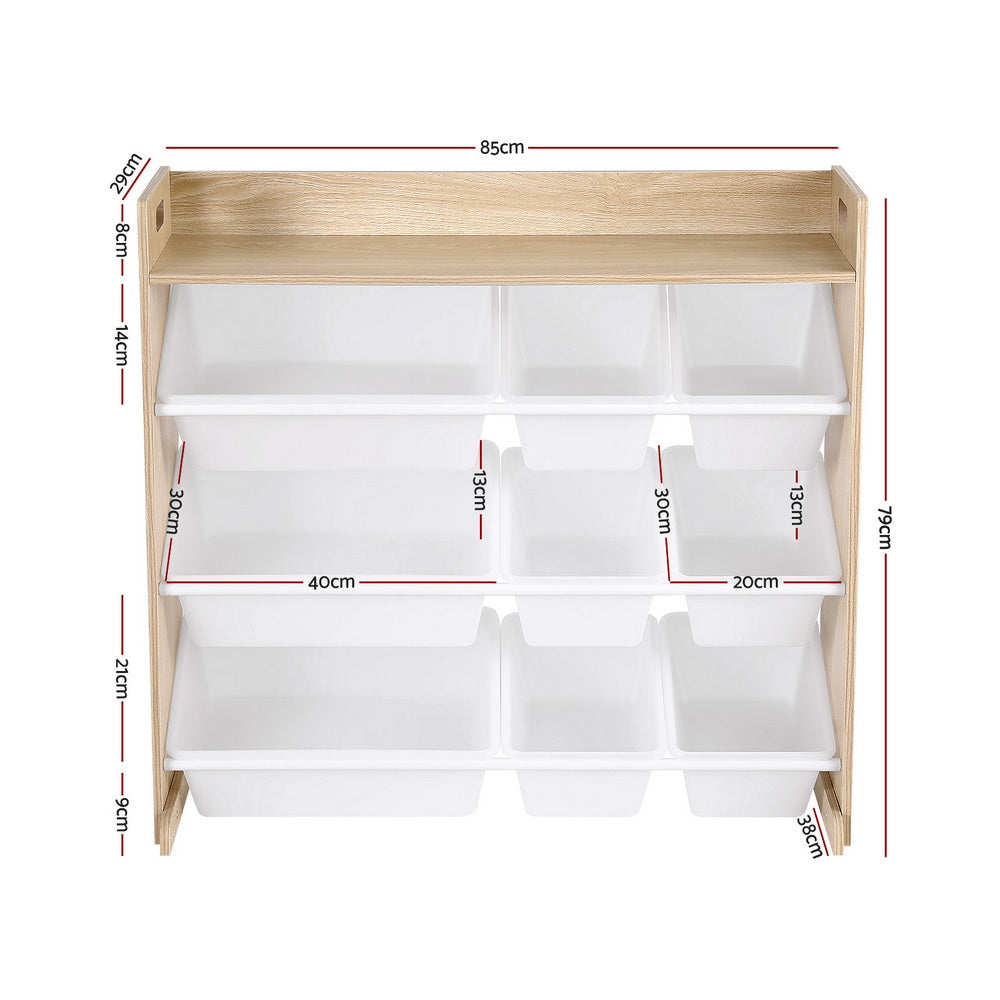 Keezi Kids Toy Box 9 Bins Bookshelf Organiser Display Shelf Storage Rack Wooden - Image 2