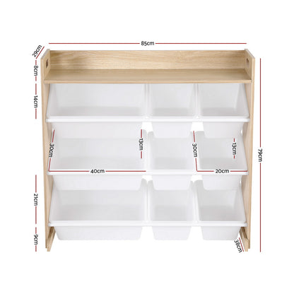 Keezi Kids Toy Box 9 Bins Bookshelf Organiser Display Shelf Storage Rack Wooden - Image 2