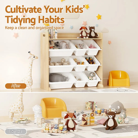 Keezi Kids Toy Box 9 Bins Bookshelf Organiser Display Shelf Storage Rack Wooden - Image 5