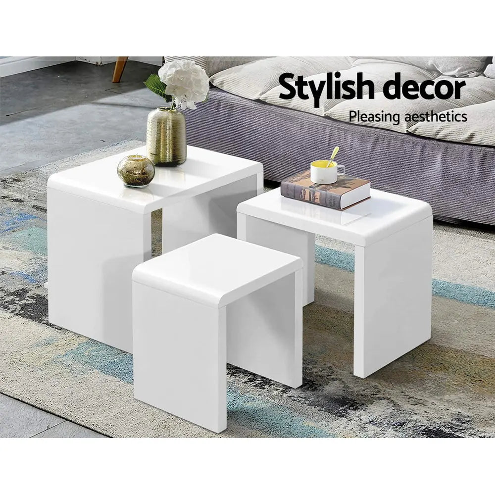 Artiss Nesting Coffee Table Set of 3 Glossy White - Image 4
