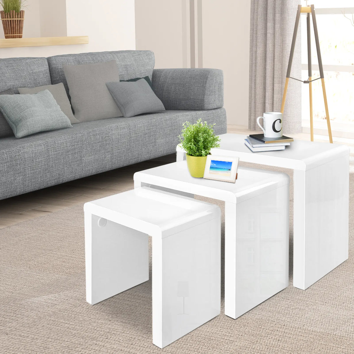 Artiss Nesting Coffee Table Set of 3 Glossy White - Image 7