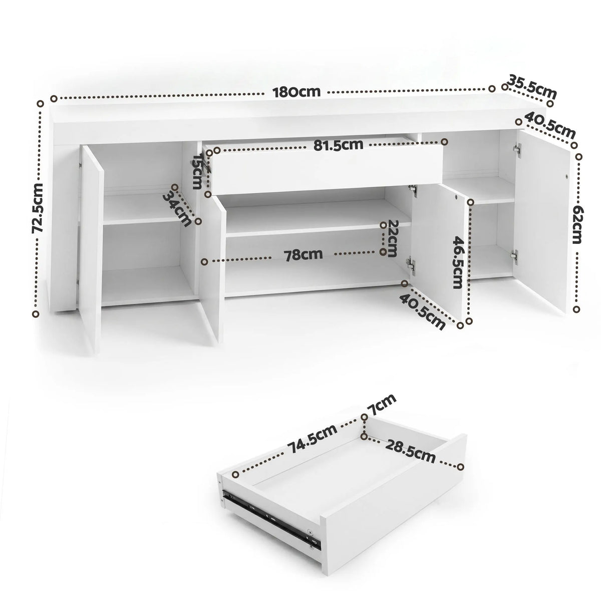 Artiss Buffet Sideboard Cabinet 180cm Cupboard Pantry Storage Drawer White DANA - Image 3