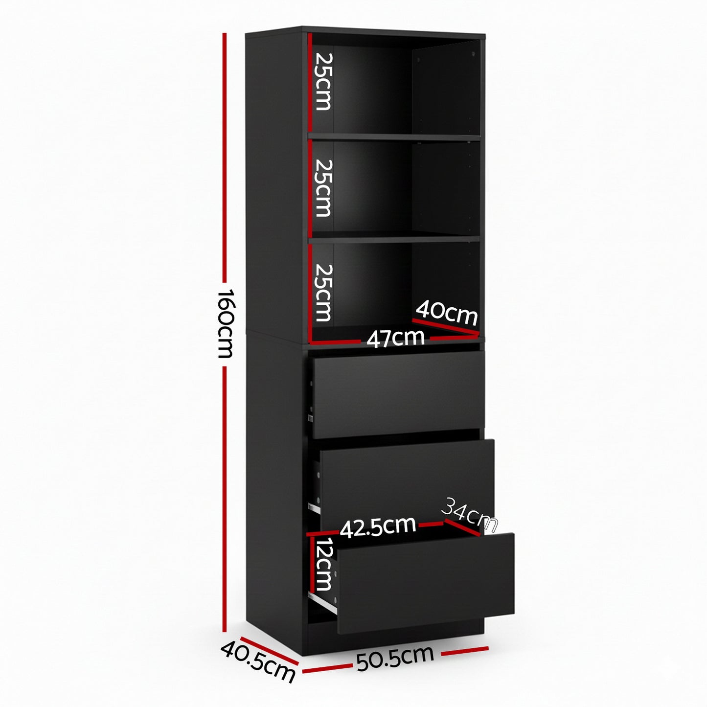Artiss 3 Chest of Drawers Tallboy Cabinet Black - Image 3