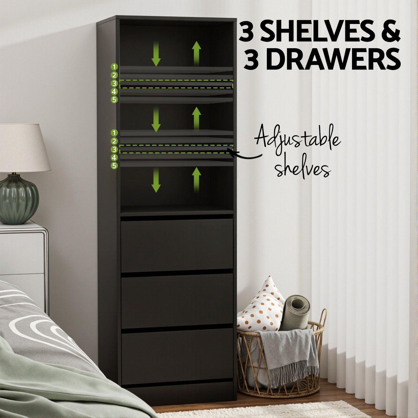 Artiss 3 Chest of Drawers Tallboy Cabinet Black - Image 5
