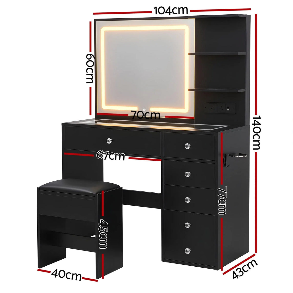 Artiss Dressing Table LED Vanity Desk Set Stool Black - Image 3