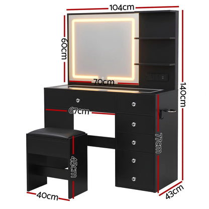 Artiss Dressing Table LED Vanity Desk Set Stool Black - Image 3