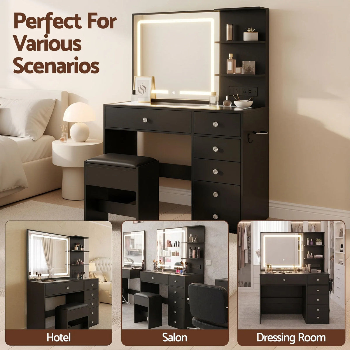 Artiss Dressing Table LED Vanity Desk Set Stool Black - Image 9