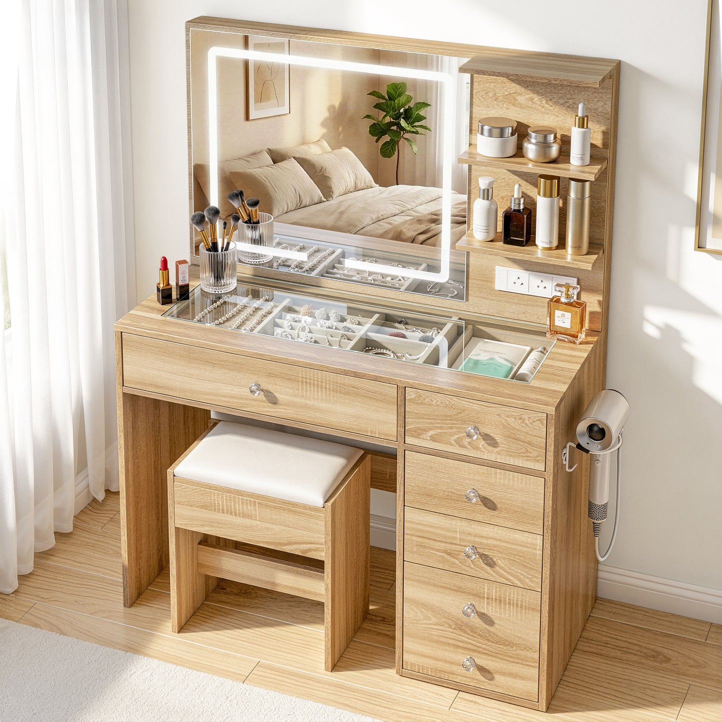 Artiss Dressing Table LED Vanity Desk Set Stool Wood