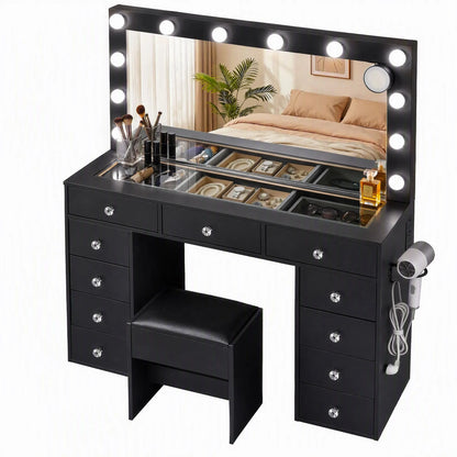 Artiss Dressing Table Charging Station LED Vanity Desk Set Stool Glass Top Make up Mirror Storage Drawer Black - Image 2