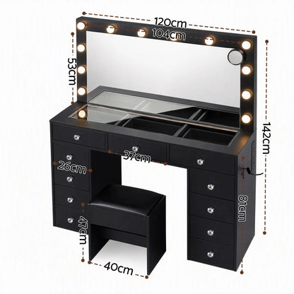 Artiss Dressing Table Charging Station LED Vanity Desk Set Stool Glass Top Make up Mirror Storage Drawer Black - Image 4