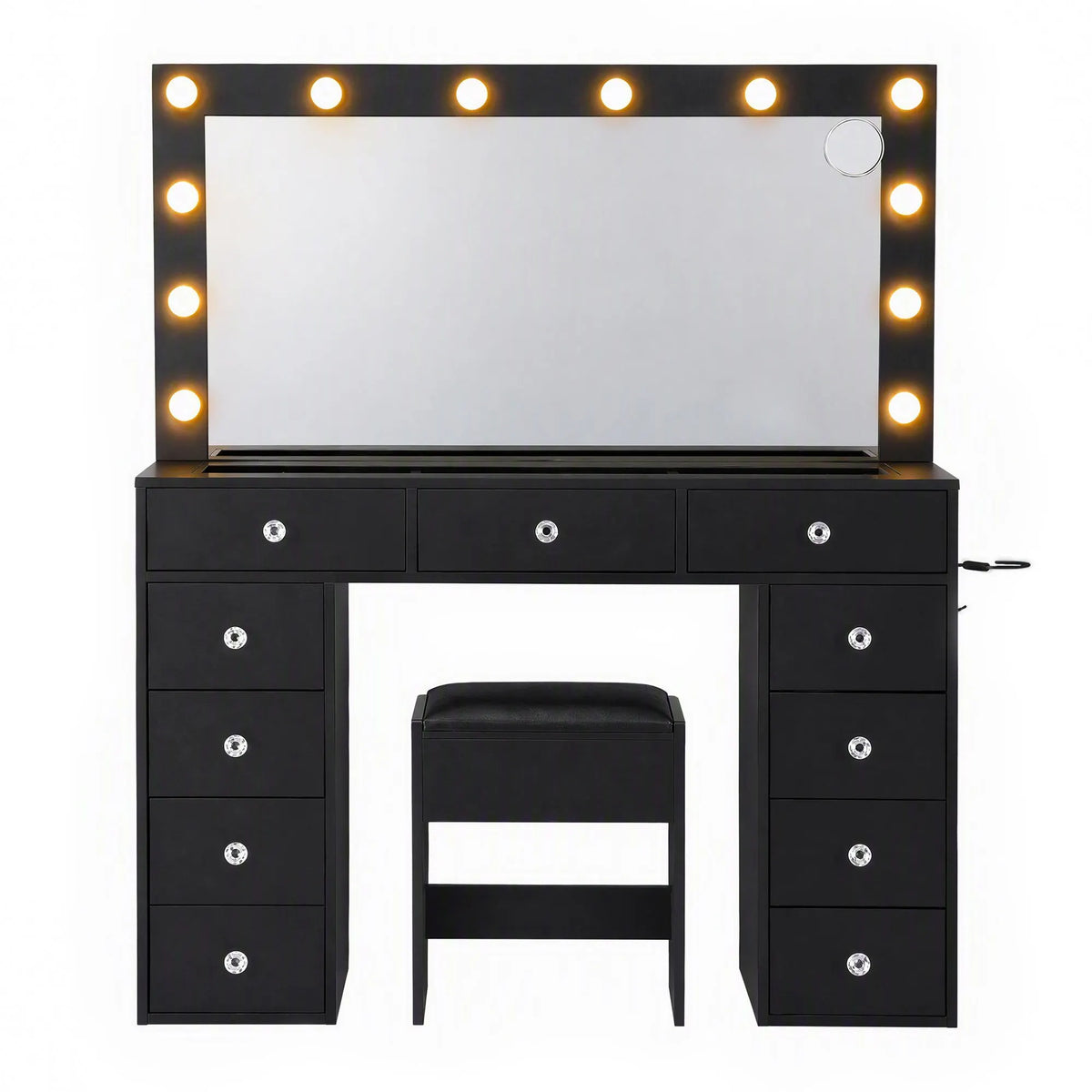 Artiss Dressing Table Charging Station LED Vanity Desk Set Stool Glass Top Make up Mirror Storage Drawer Black - Image 5