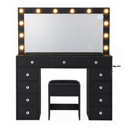 Artiss Dressing Table Charging Station LED Vanity Desk Set Stool Glass Top Make up Mirror Storage Drawer Black - Image 5