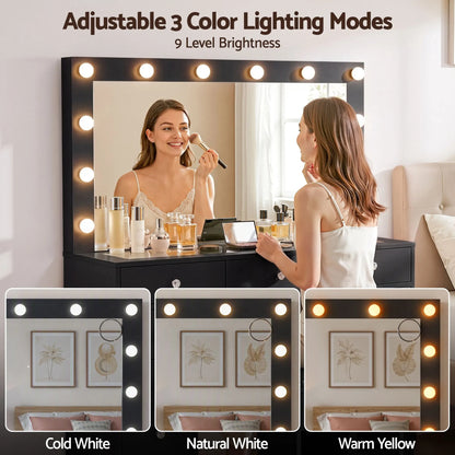 Artiss Dressing Table Charging Station LED Vanity Desk Set Stool Glass Top Make up Mirror Storage Drawer Black - Image 6