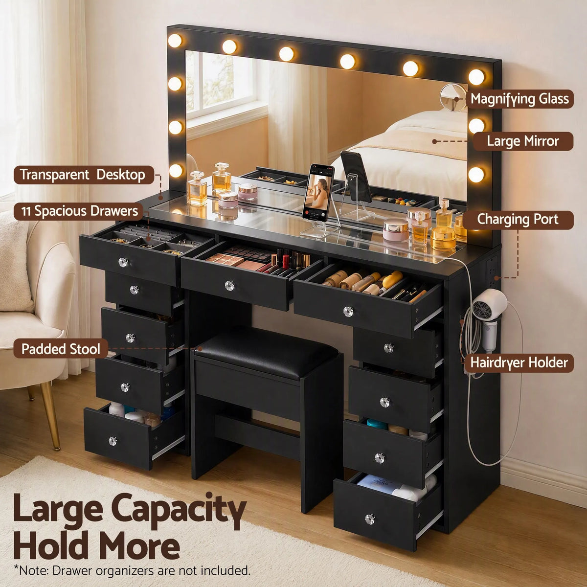 Artiss Dressing Table Charging Station LED Vanity Desk Set Stool Glass Top Make up Mirror Storage Drawer Black - Image 7
