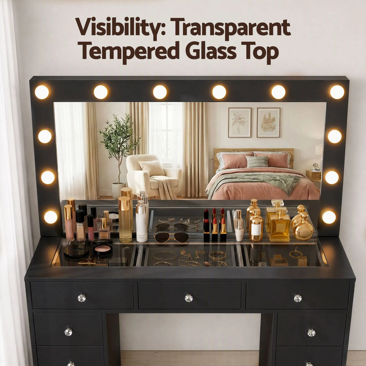 Artiss Dressing Table Charging Station LED Vanity Desk Set Stool Glass Top Make up Mirror Storage Drawer Black - Image 8