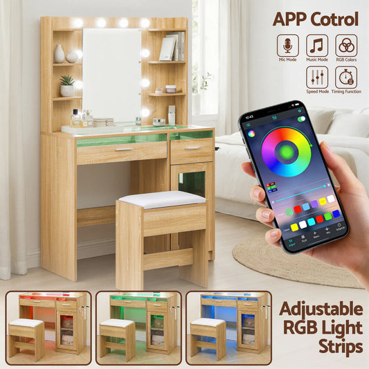 Artiss Dressing Table Vanity Desk Set 10 LED Bulbs RGB Light Wood - Image 6