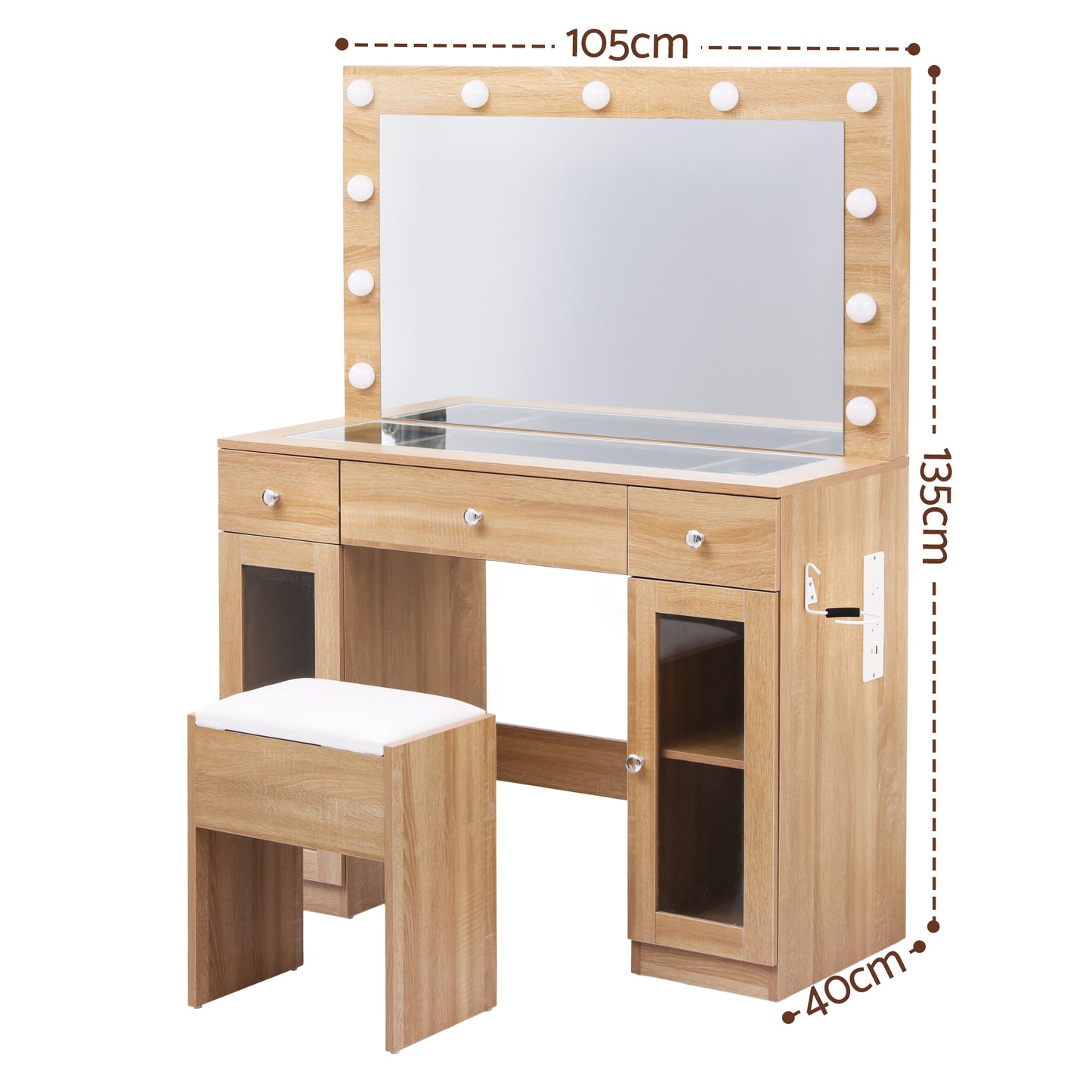 Artiss Dressing Table Vanity Desk Set LED Bulbs RGB Light Wood - Image 3