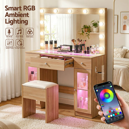 Artiss Dressing Table Vanity Desk Set LED Bulbs RGB Light Wood - Image 8
